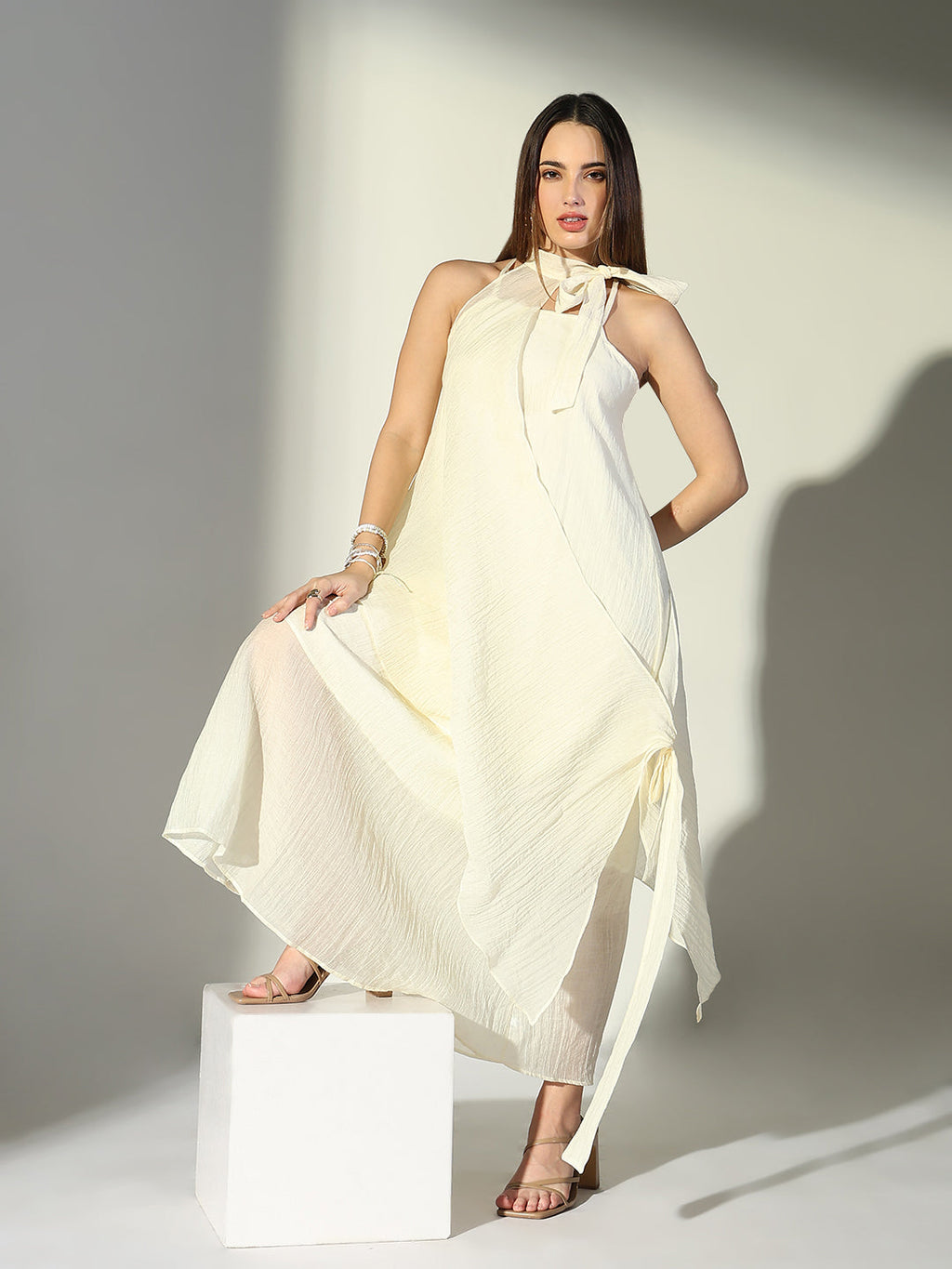 Women's Draped Cream Maxi Dress with Neck Tie