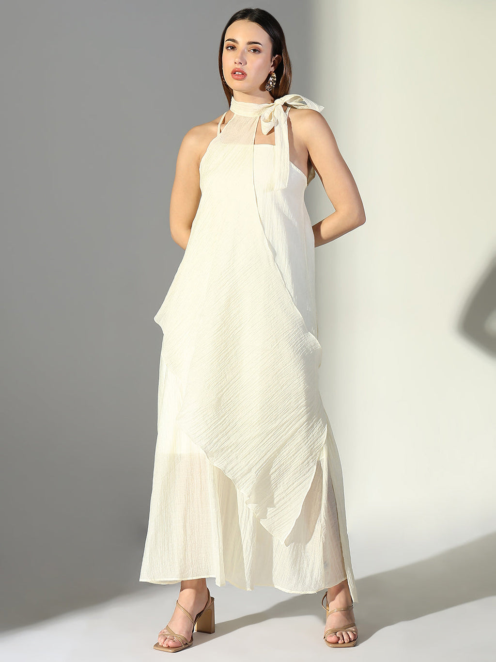 Women's Draped Cream Maxi Dress with Neck Tie