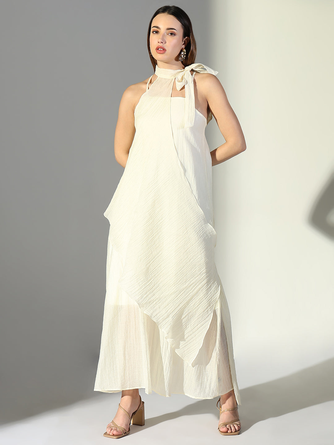 Women's Draped Cream Maxi Dress with Neck Tie
