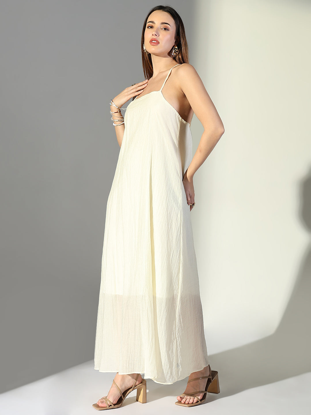 Women's Draped Cream Maxi Dress with Neck Tie