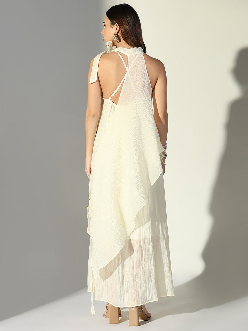 Women's Draped Cream Maxi Dress with Neck Tie