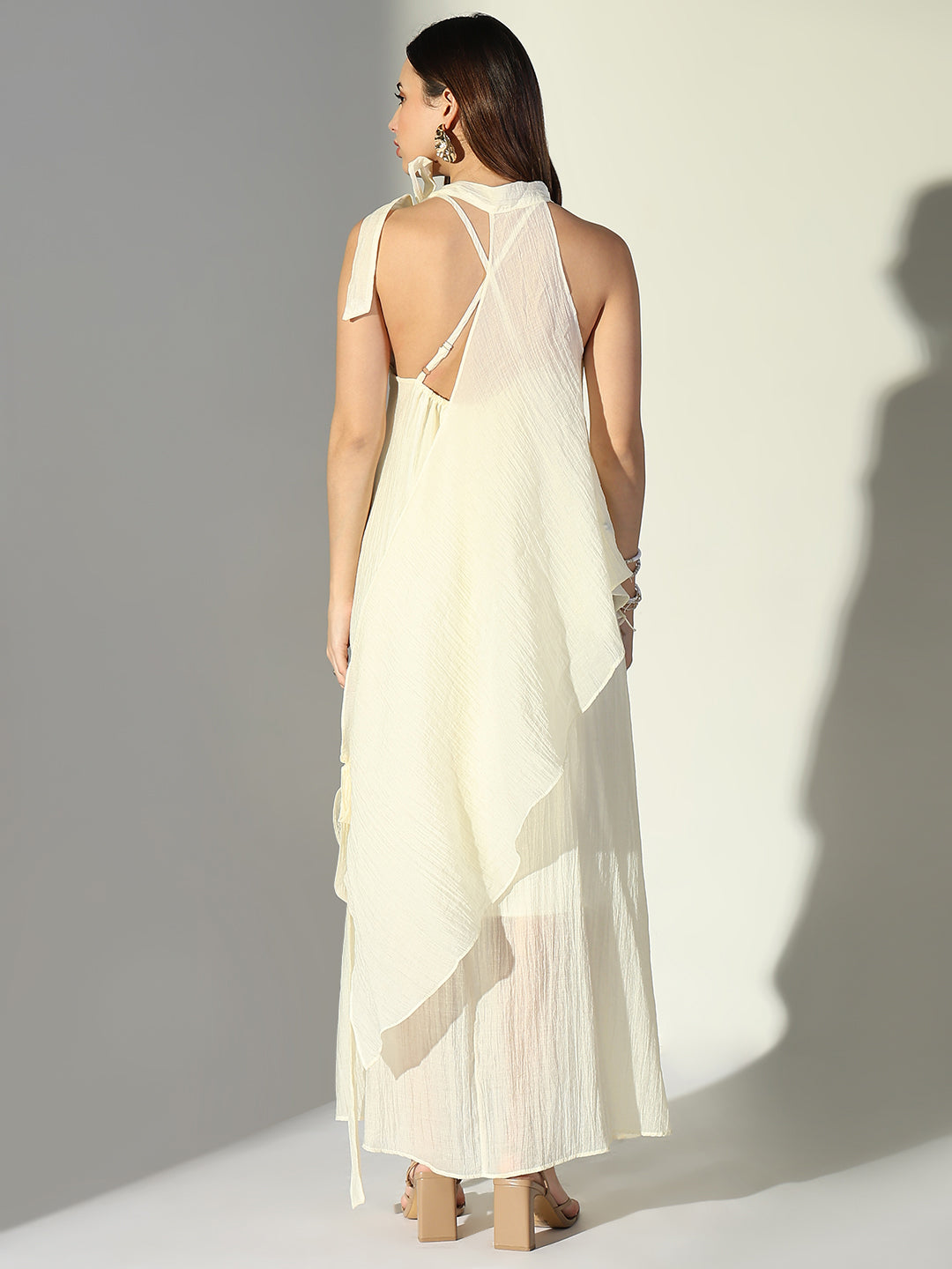 Women's Draped Cream Maxi Dress with Neck Tie