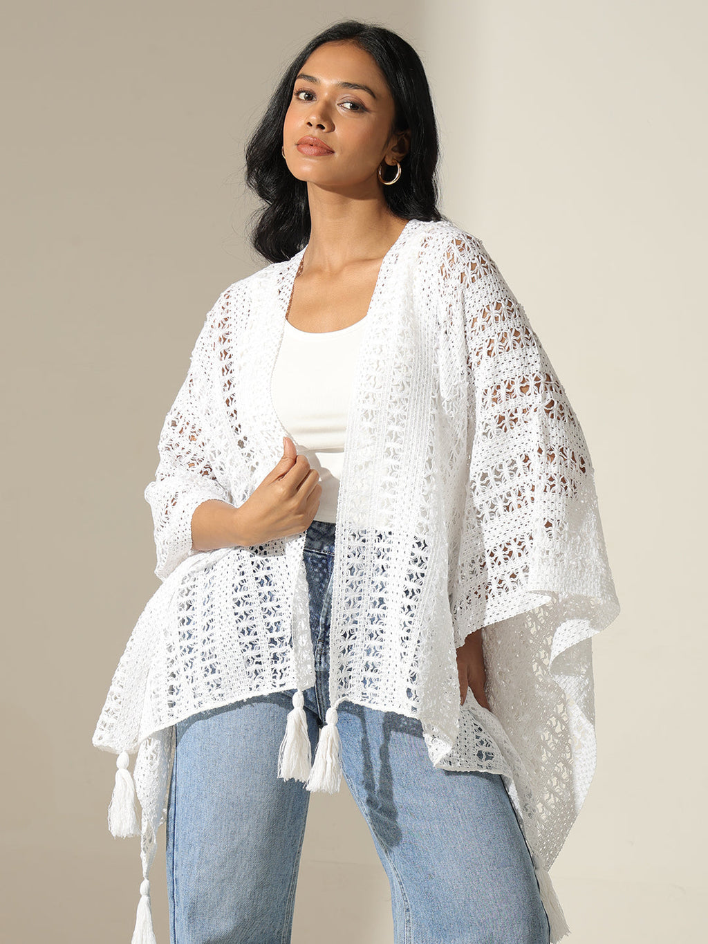 Women's Crochet White Open Front Top with Tassel Detail