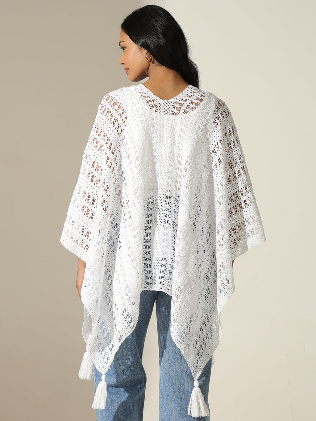 Women's Crochet White Open Front Top with Tassel Detail
