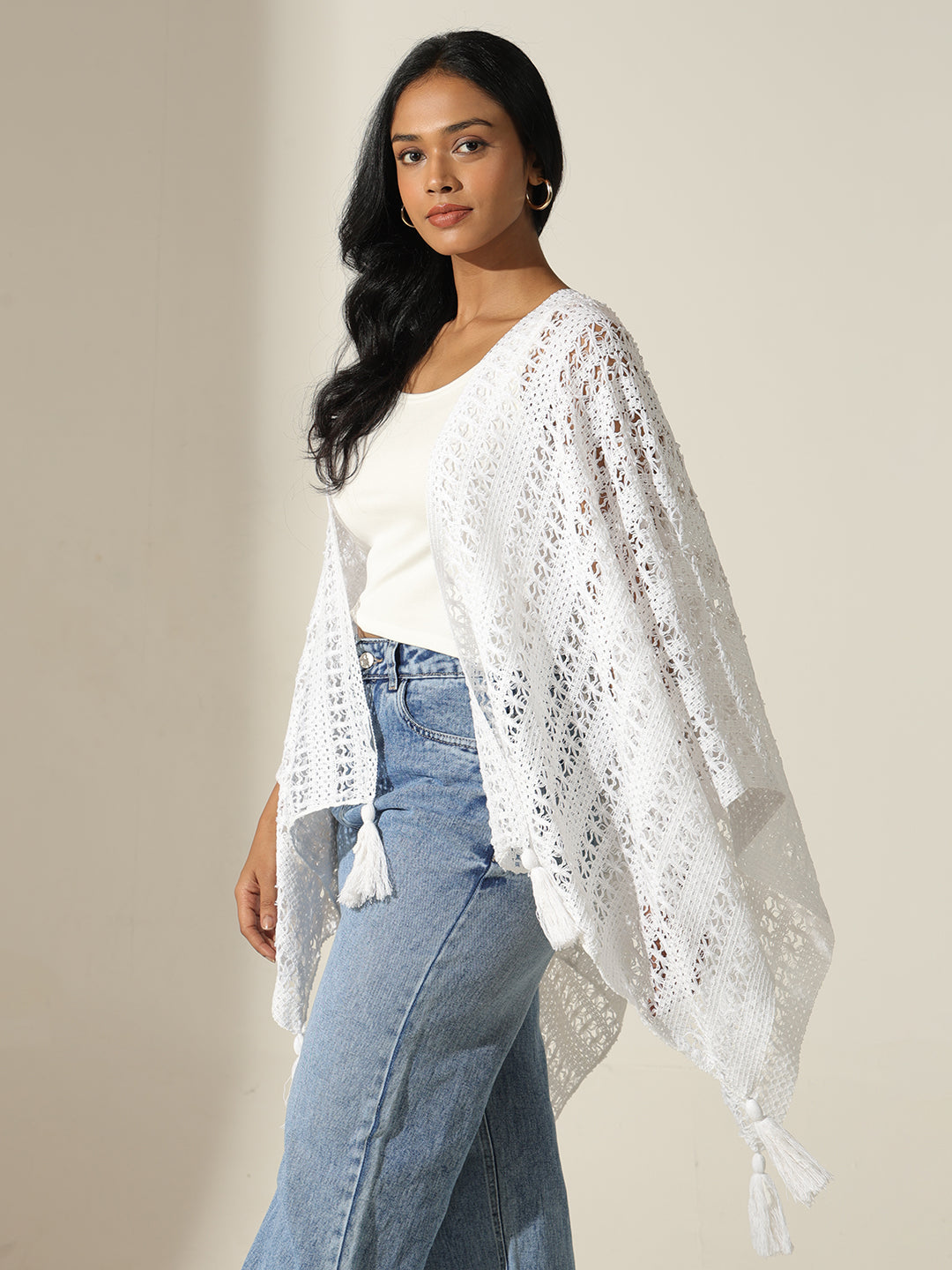 Women's Crochet White Open Front Top with Tassel Detail