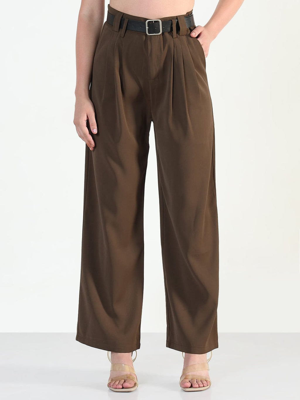 Women's Brown Straight Fit Trousers with Belt