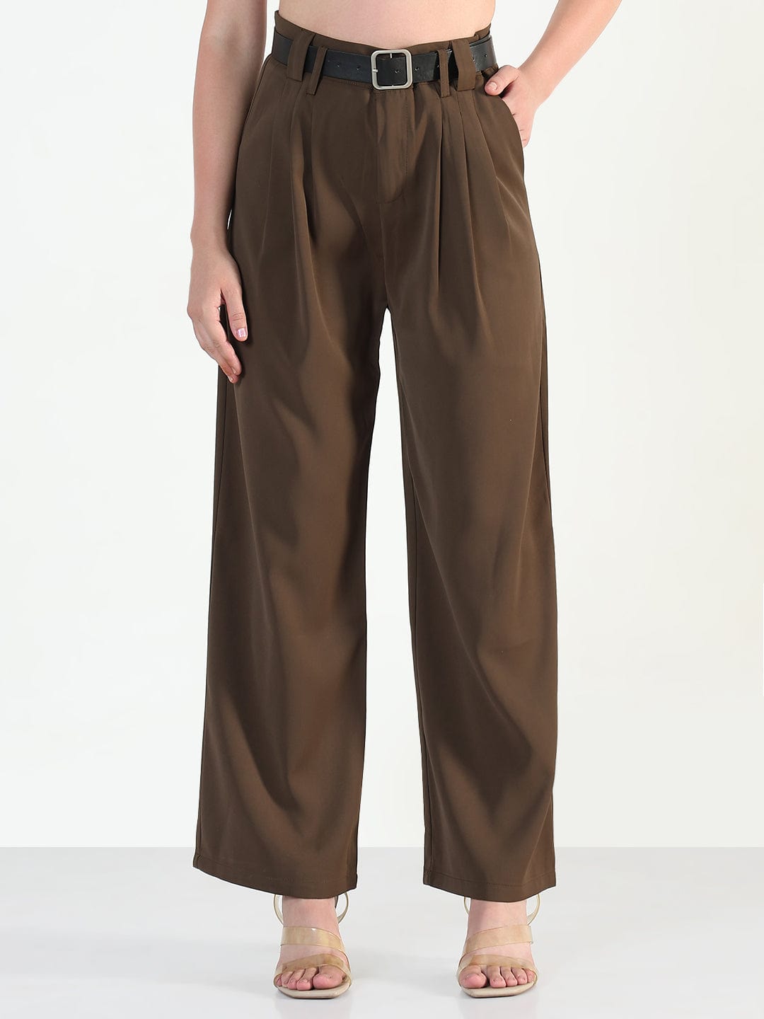 Women's Brown Straight Fit Trousers with Belt