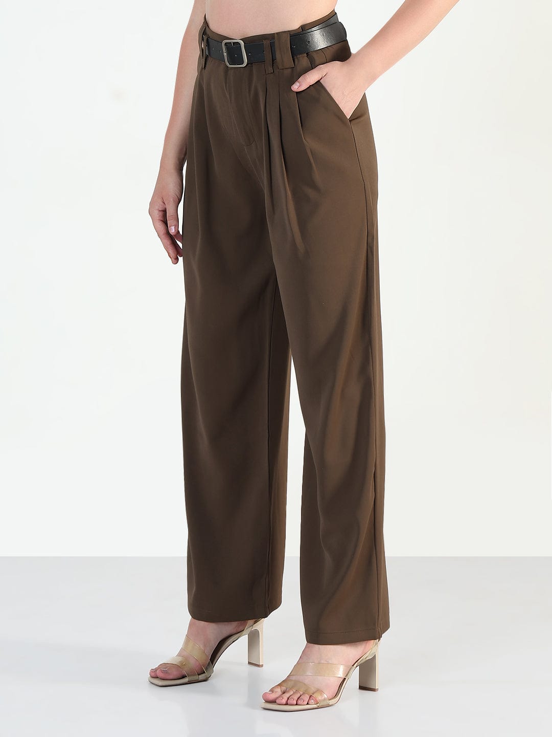 Women's Brown Straight Fit Trousers with Belt