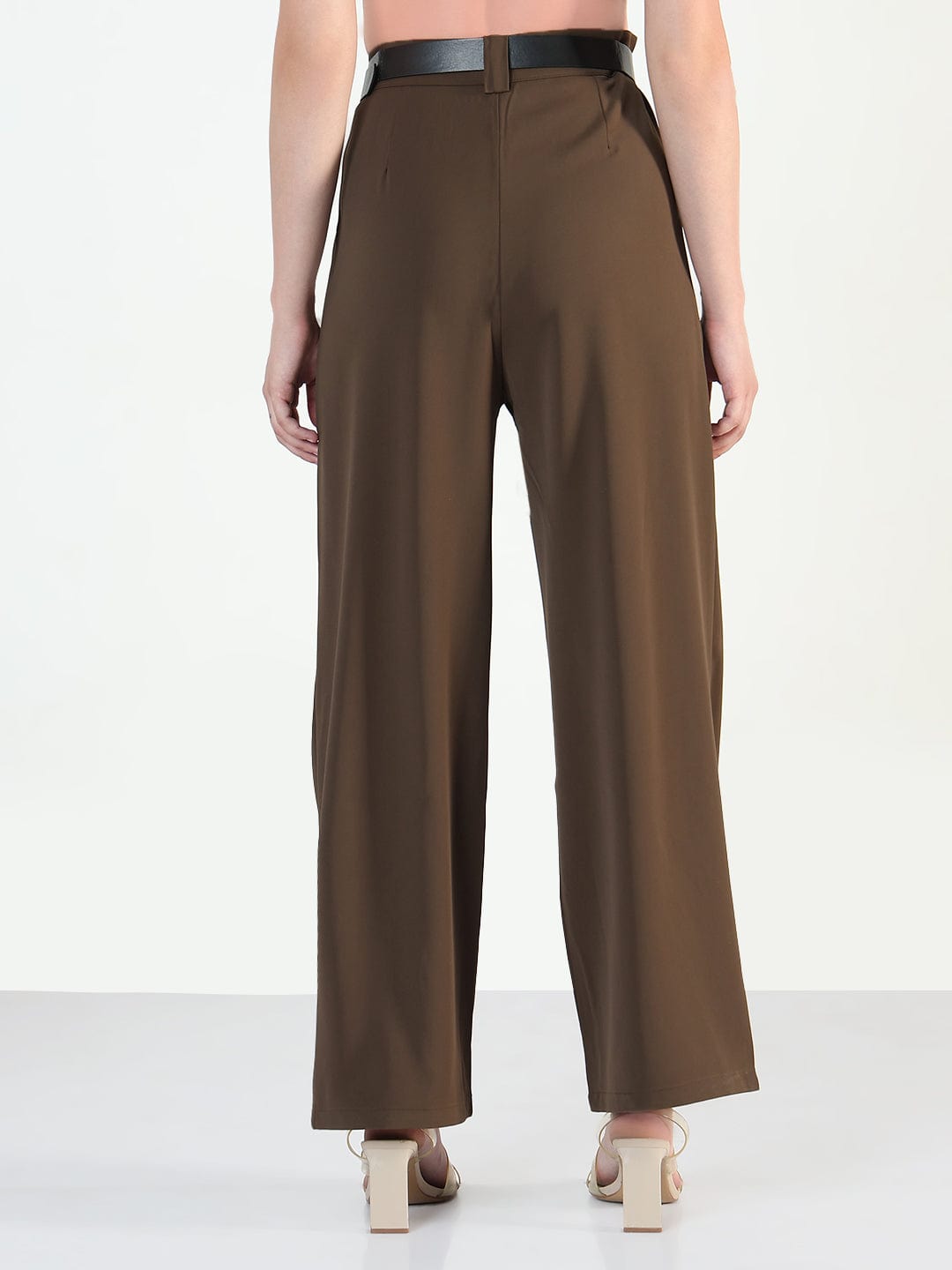 Women's Brown Straight Fit Trousers with Belt