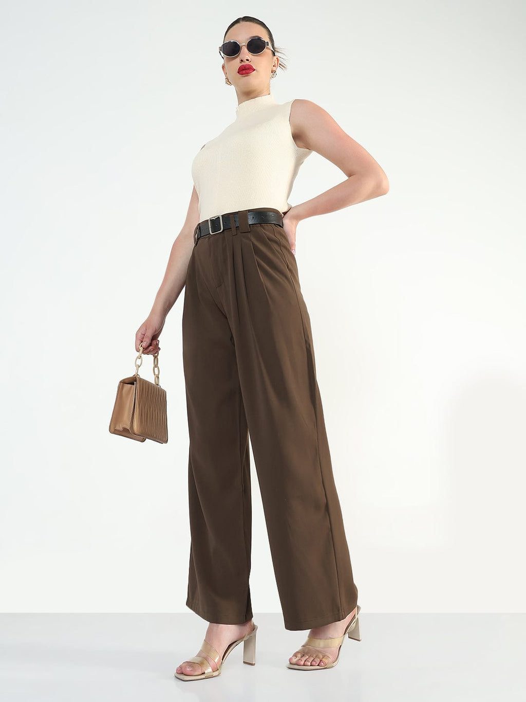 Women's Brown Straight Fit Trousers with Belt