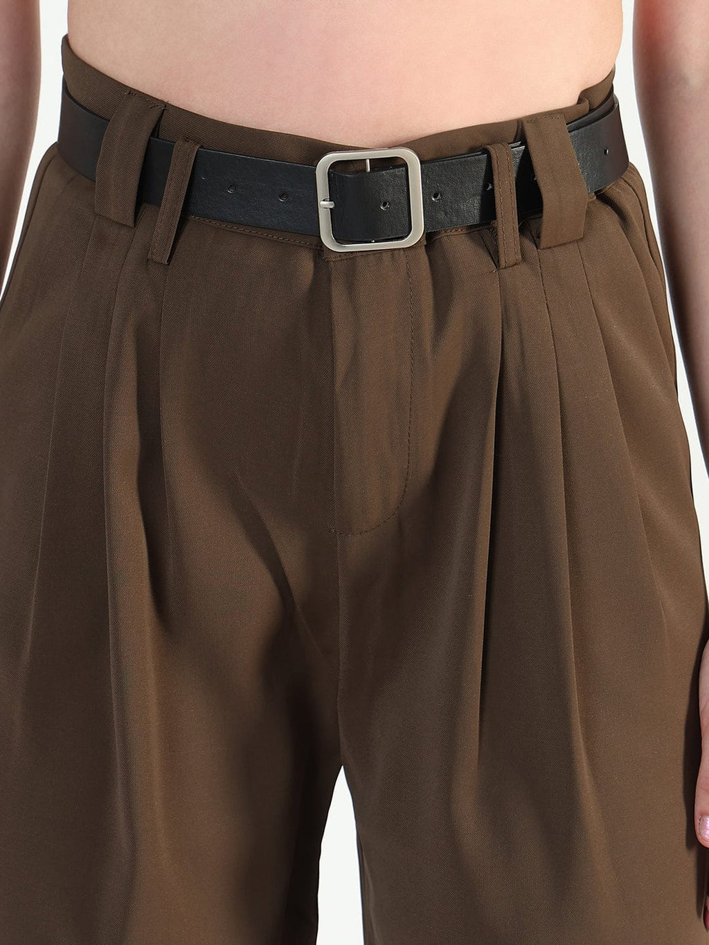 Women's Brown Straight Fit Trousers with Belt