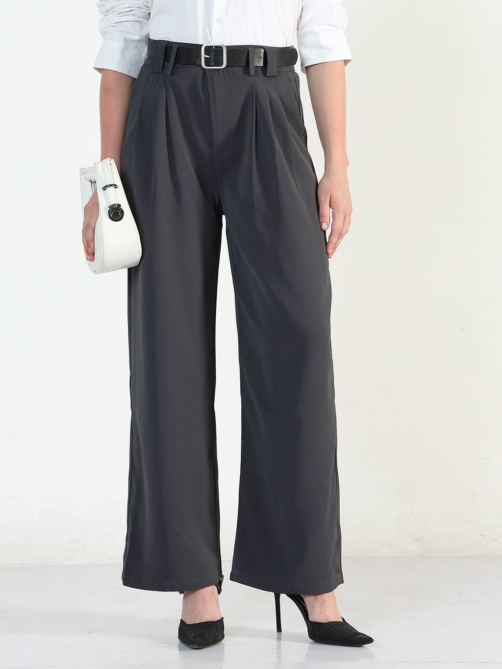 Women's Grey Straight Fit Trousers with Belt