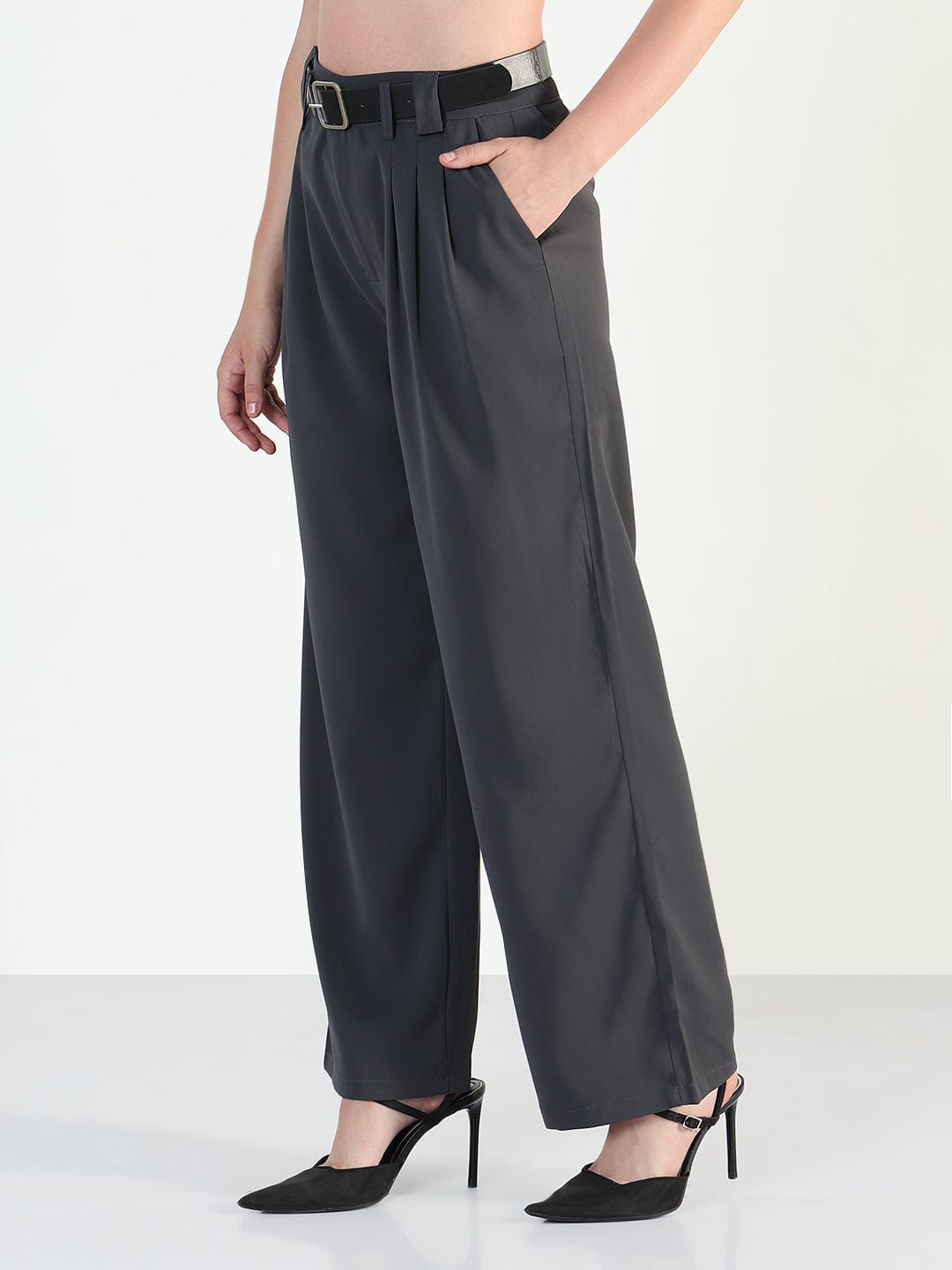 Women's Grey Straight Fit Trousers with Belt