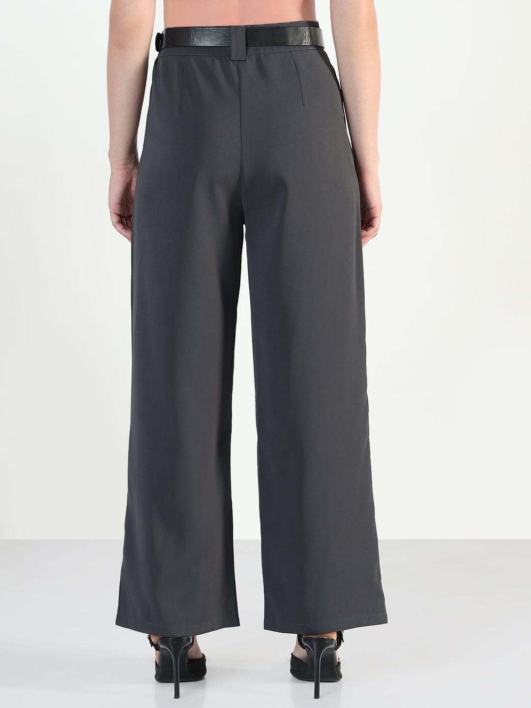 Women's Grey Straight Fit Trousers with Belt