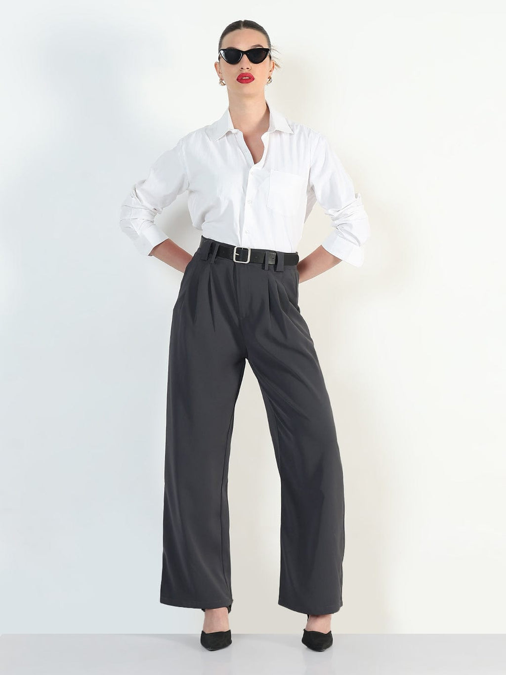 Women's Grey Straight Fit Trousers with Belt
