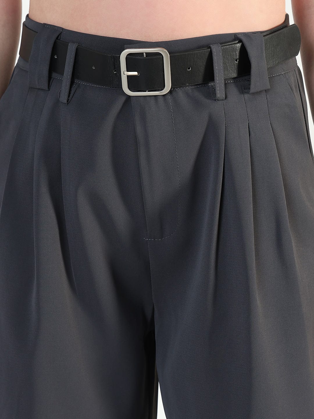 Women's Grey Straight Fit Trousers with Belt