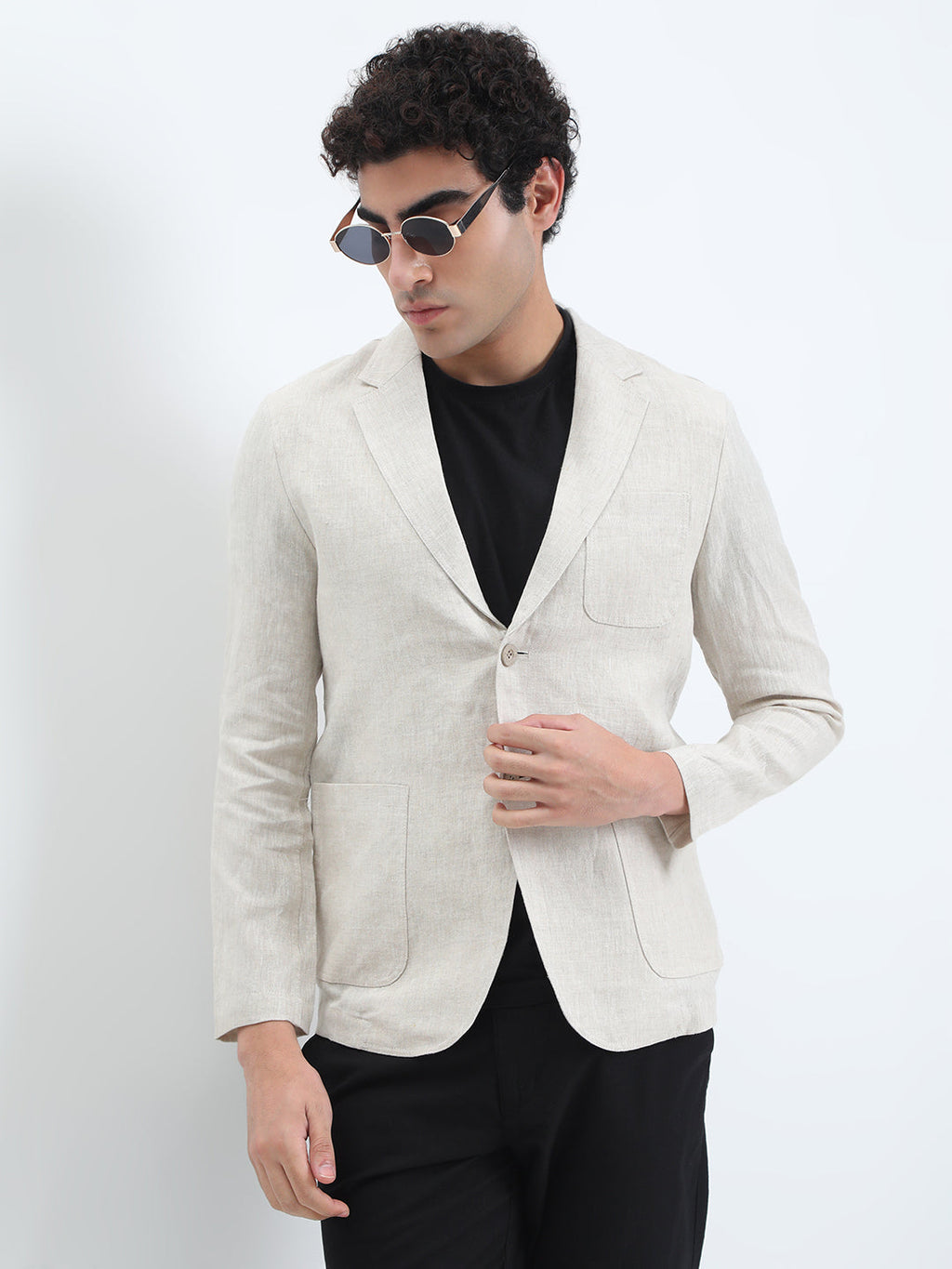Men's Cream Single-Breasted Slim Fit Blazer