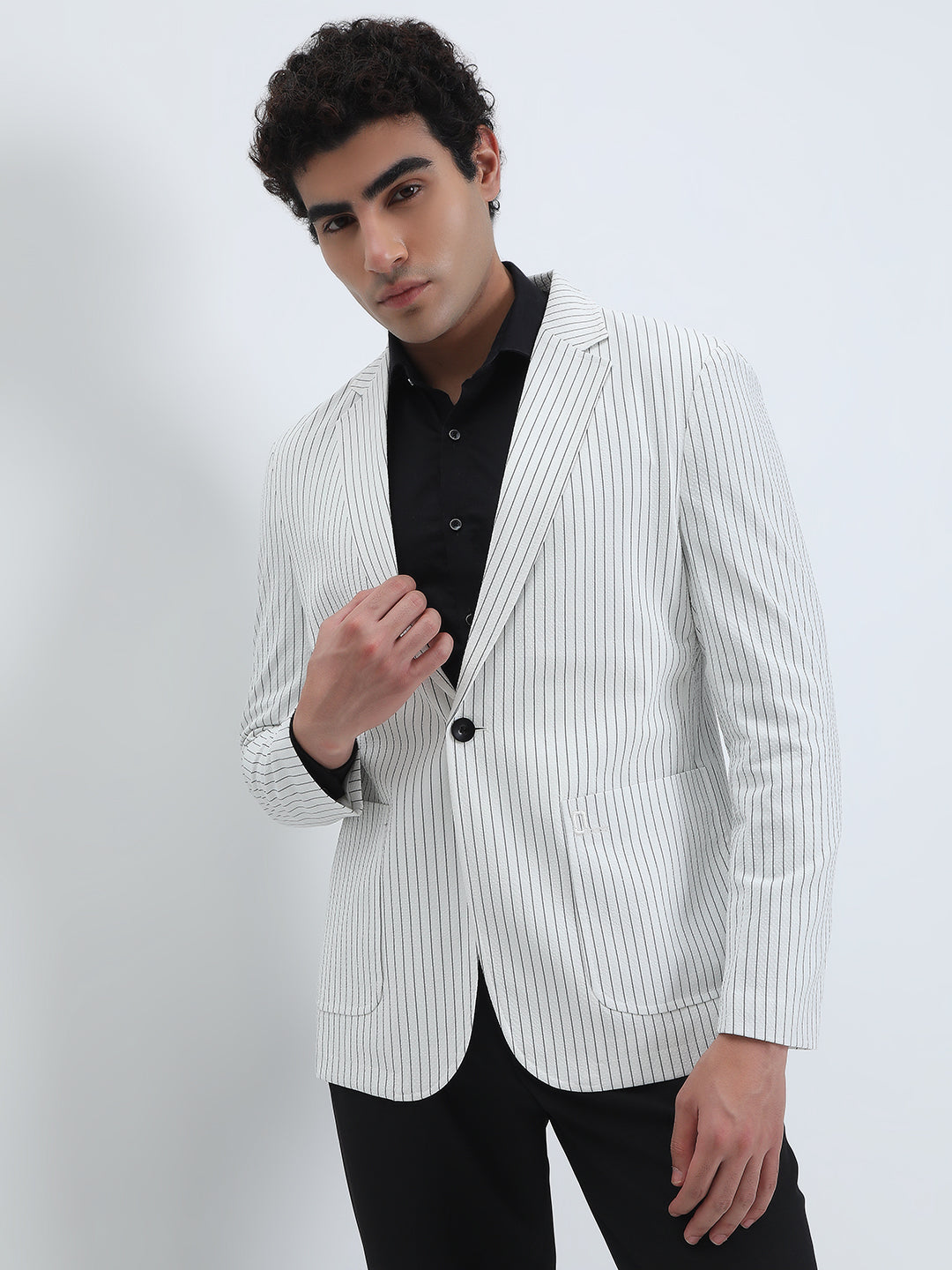 Men's Striped White Single-Breasted Slim Fit Blazer