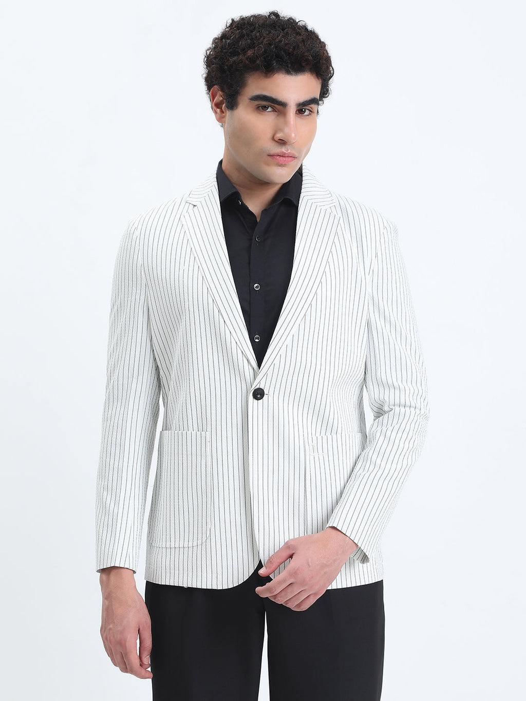 Men's Striped White Single-Breasted Slim Fit Blazer