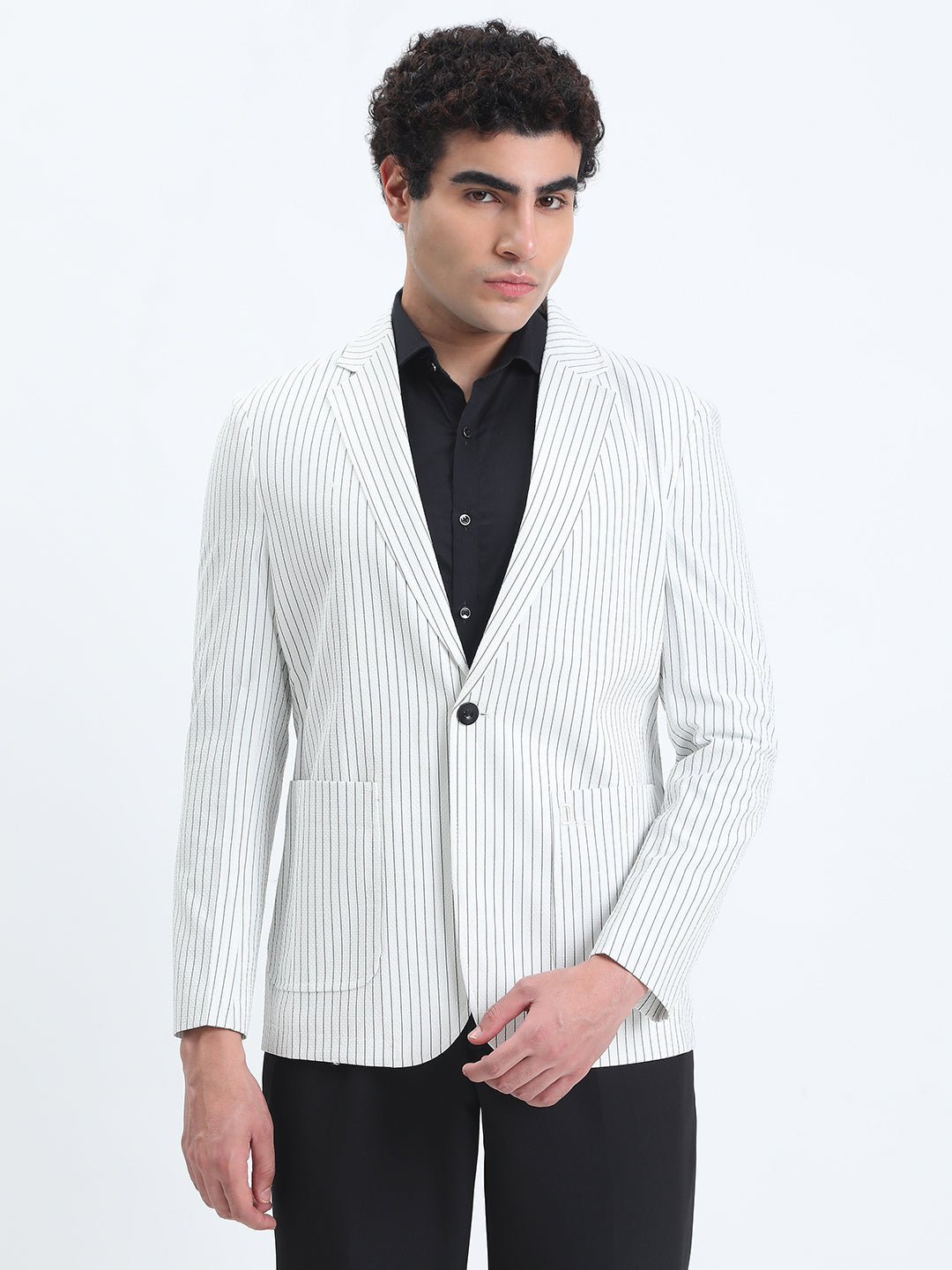 Men's Striped White Single-Breasted Slim Fit Blazer