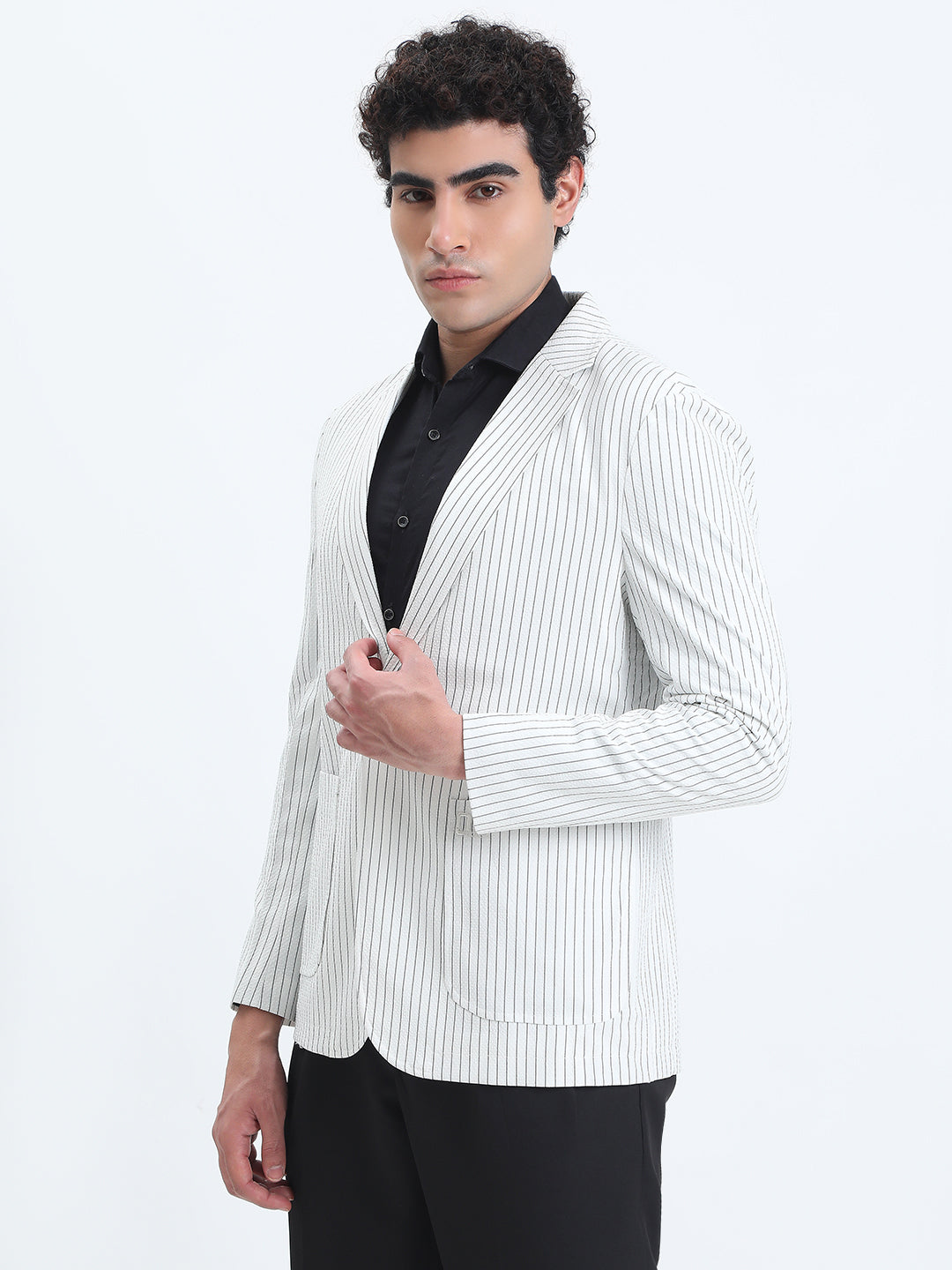 Men's Striped White Single-Breasted Slim Fit Blazer