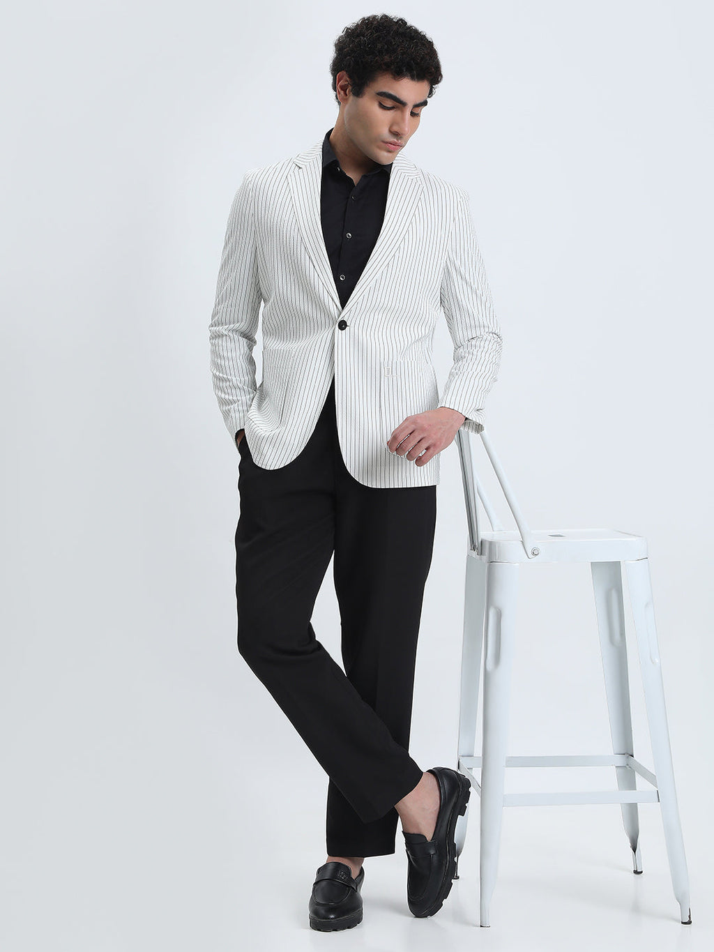 Men's Striped White Single-Breasted Slim Fit Blazer