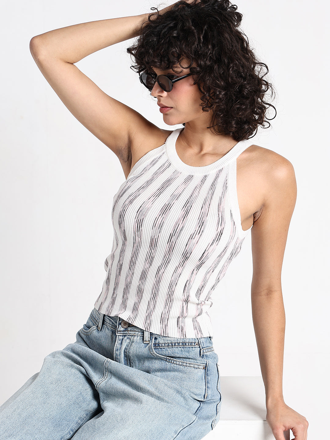 Women's Striped Ribbed Knit Halter Tank Top