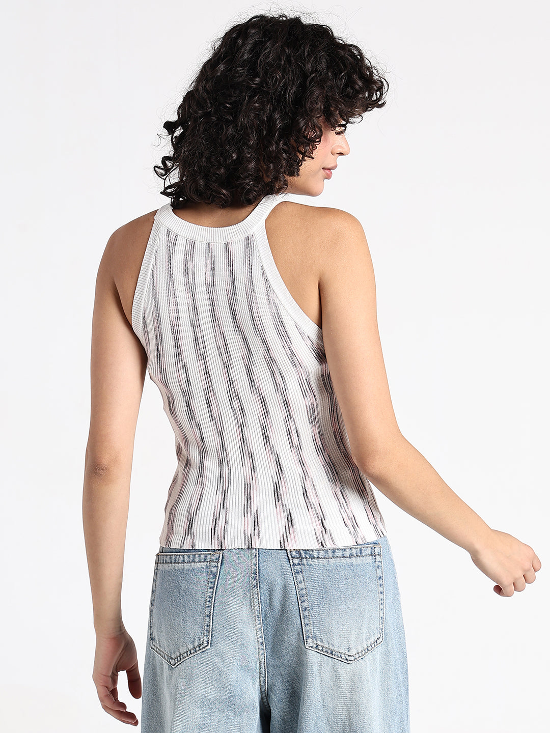 Women's Striped Ribbed Knit Halter Tank Top
