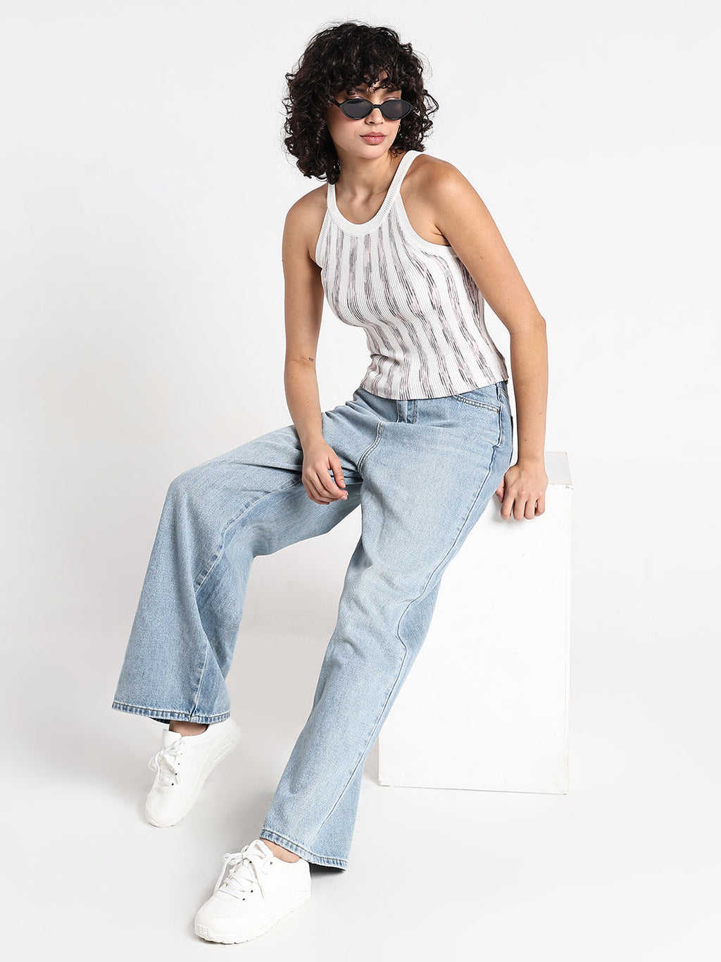 Women's Striped Ribbed Knit Halter Tank Top