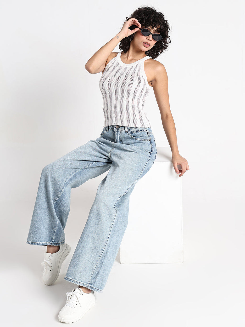 Women's Striped Ribbed Knit Halter Tank Top