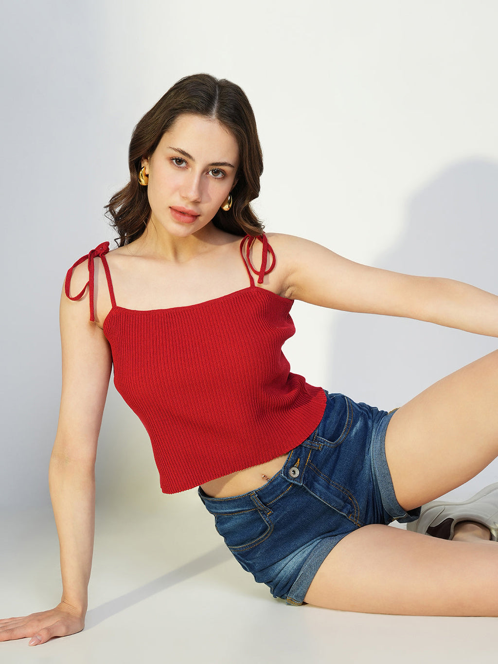 Women's Red Acrylic Shoulder Straps Fitted Crop Top