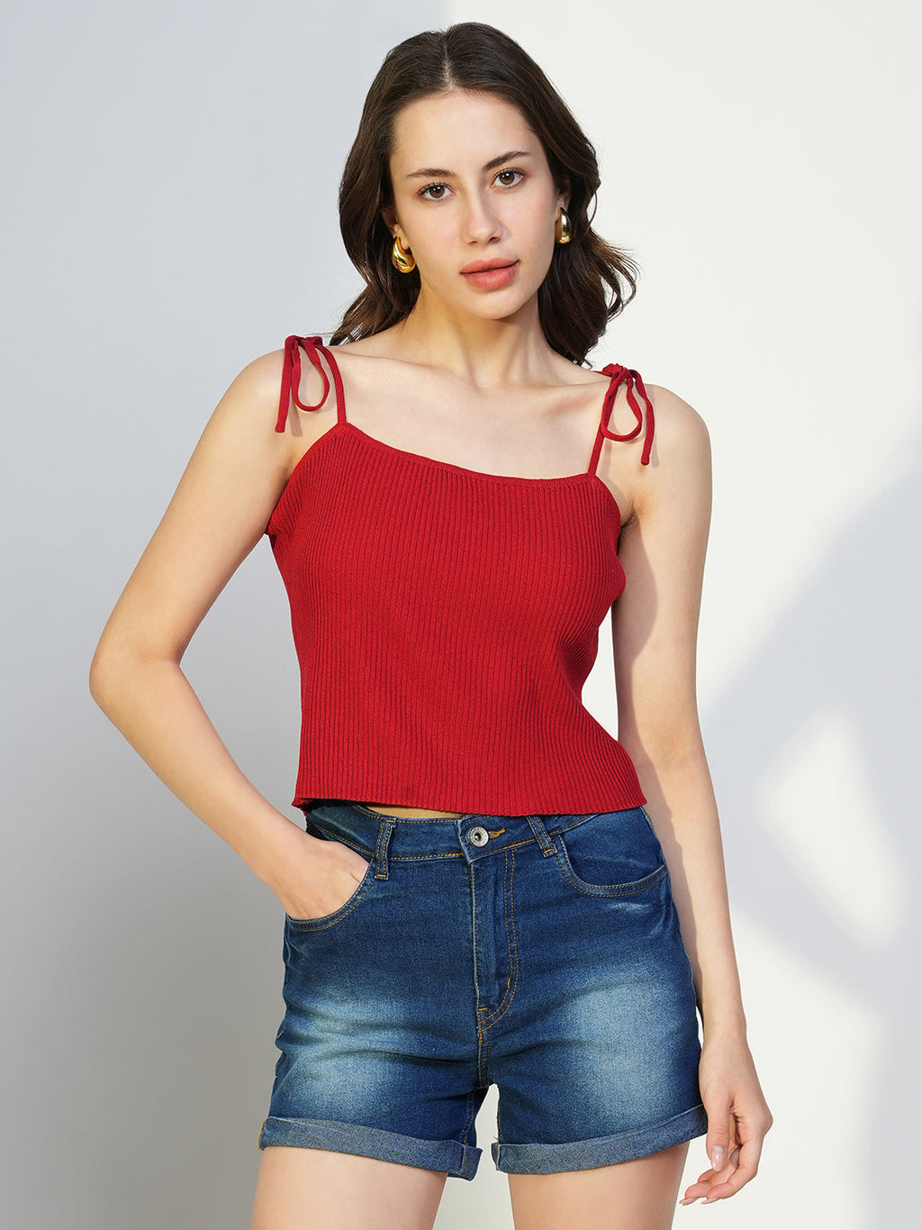 Women's Red Acrylic Shoulder Straps Fitted Crop Top
