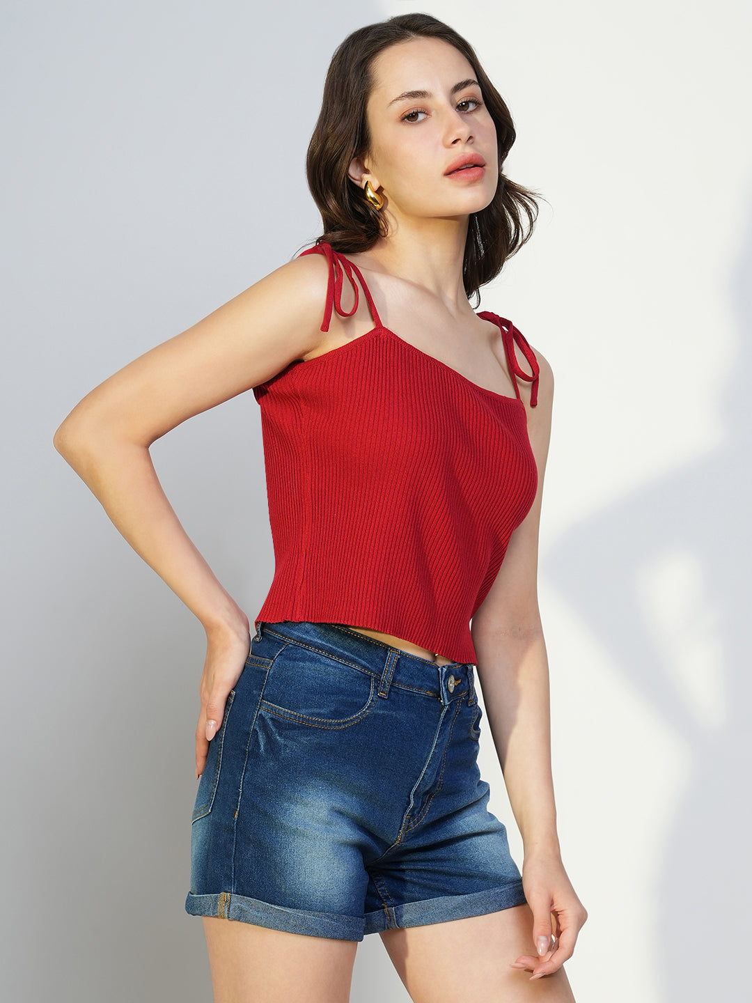 Women's Red Acrylic Shoulder Straps Fitted Crop Top