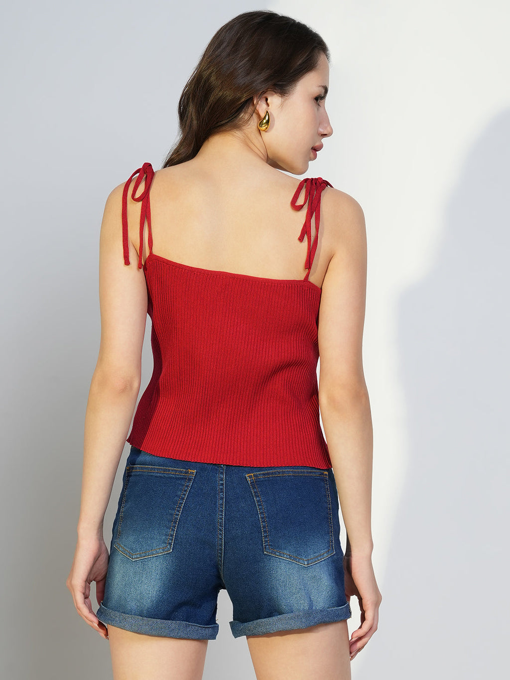 Women's Red Acrylic Shoulder Straps Fitted Crop Top