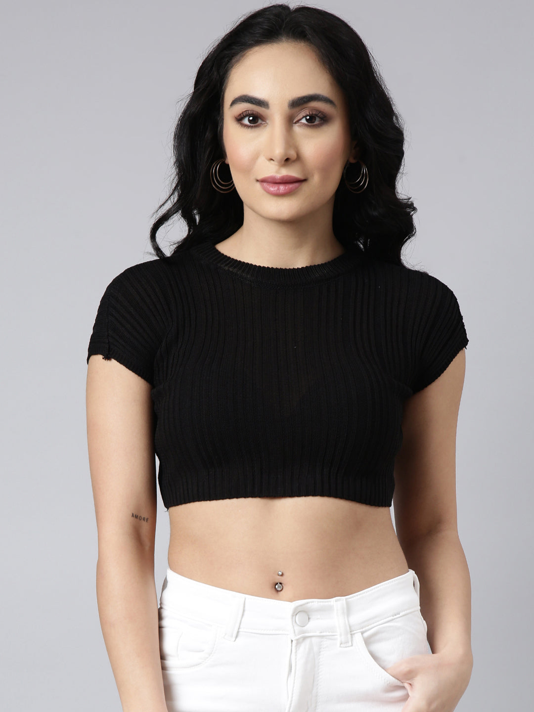 Women's Black Round Neck Crop Top