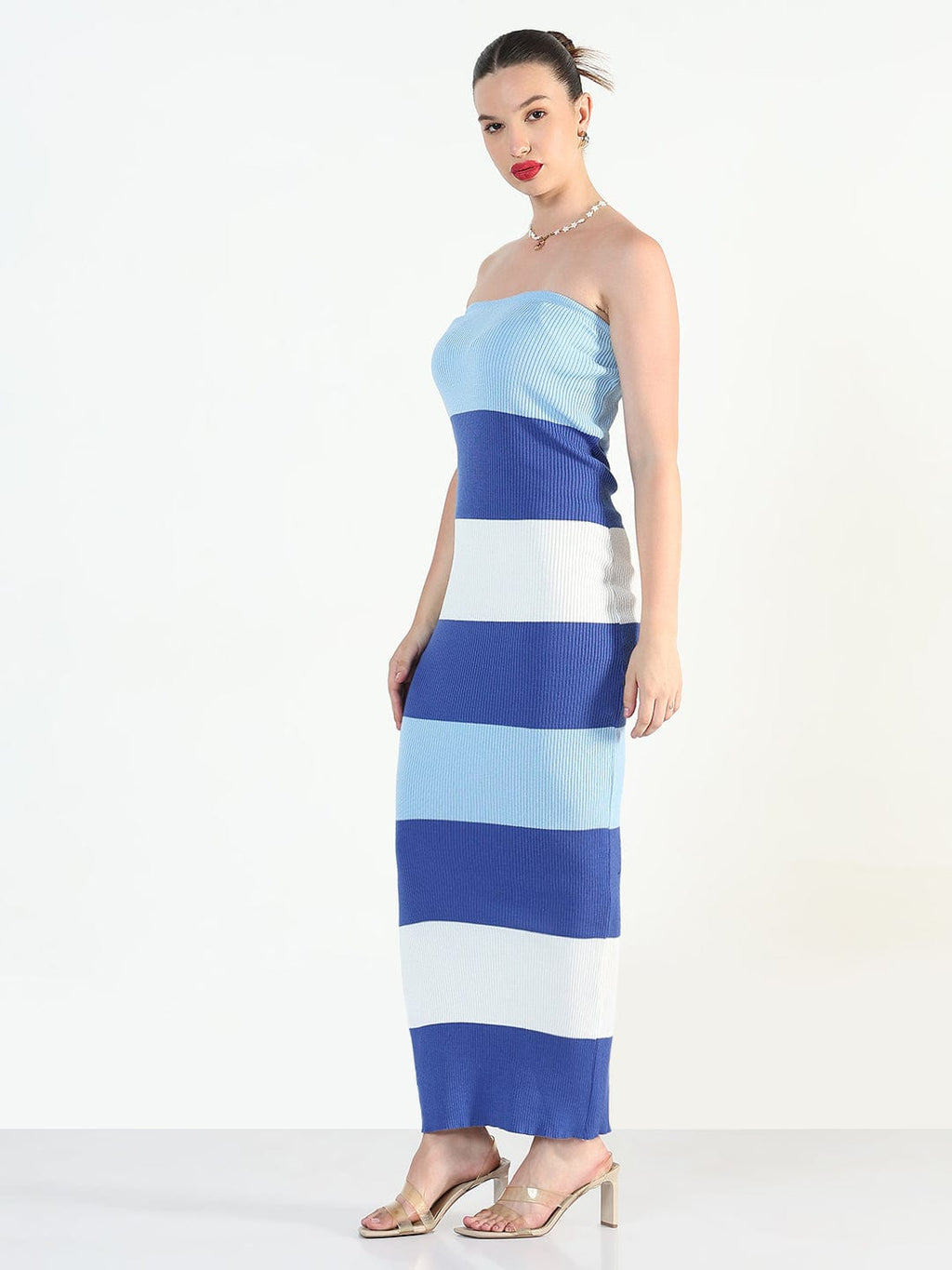Women's Ribbed Striped Blue Bandeau Bodycon Dresses