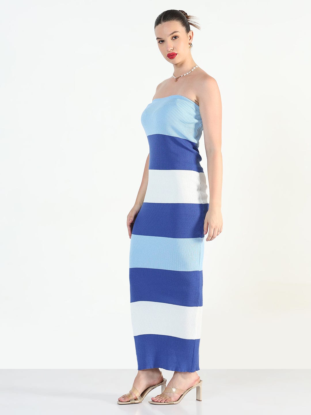 Women's Ribbed Striped Blue Bandeau Bodycon Dresses