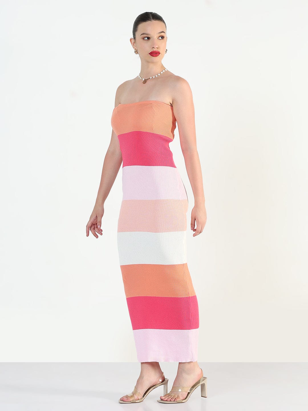 Women's Ribbed Striped Pink Bandeau Bodycon Dresses