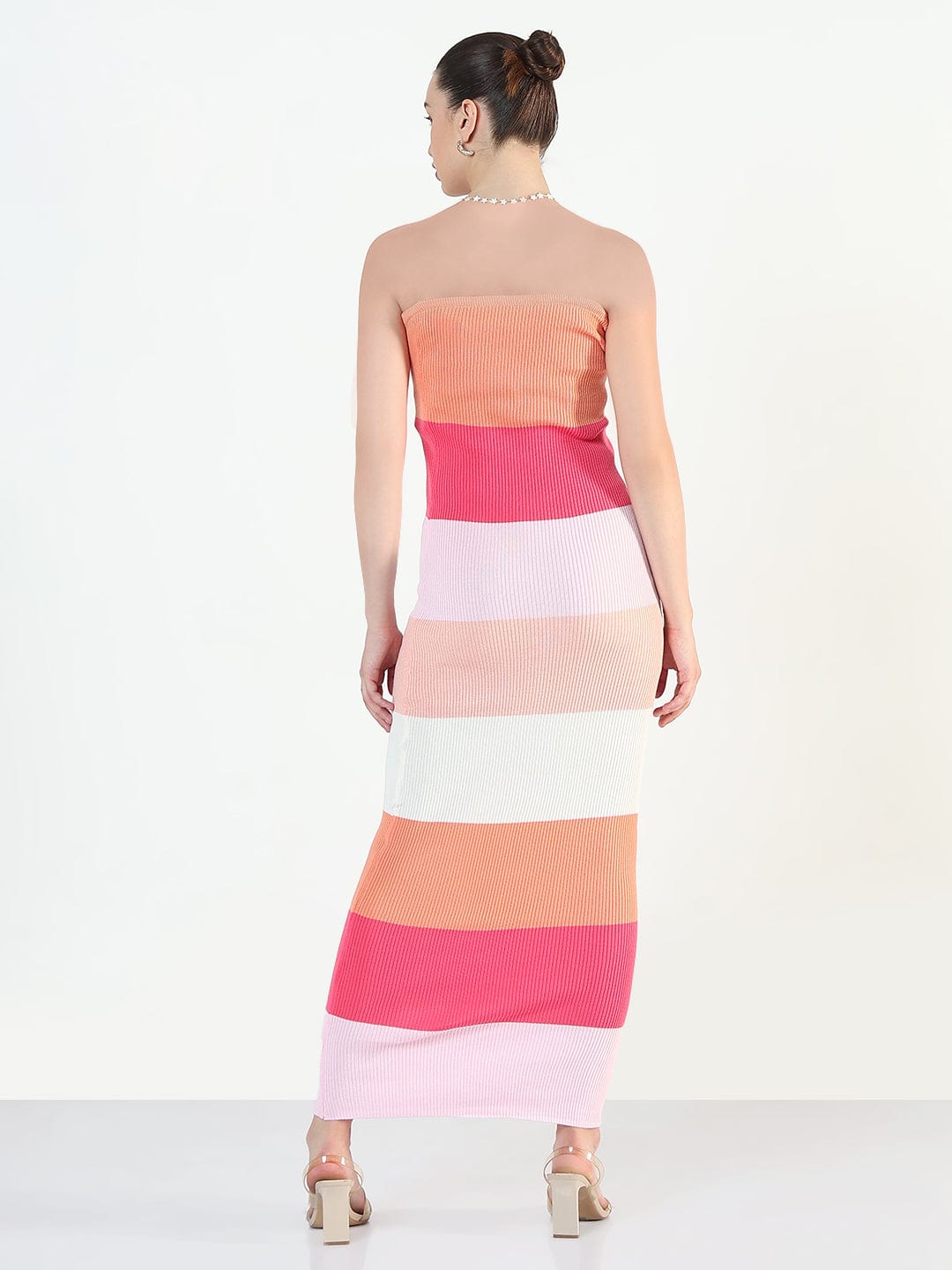 Women's Ribbed Striped Pink Bandeau Bodycon Dresses