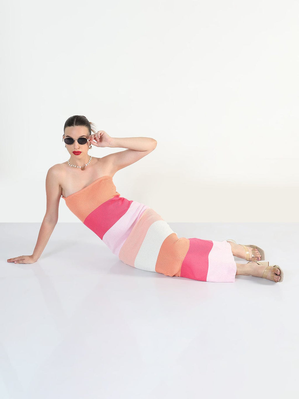 Women's Ribbed Striped Pink Bandeau Bodycon Dresses