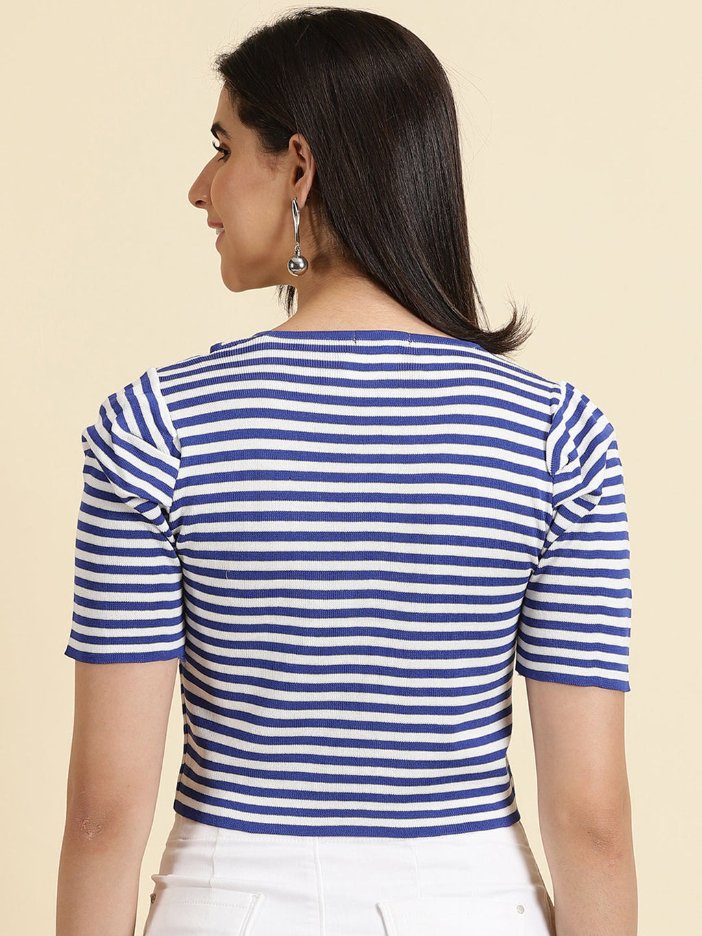 Women's Blue Striped Scoop Neck Fitted Crop Top