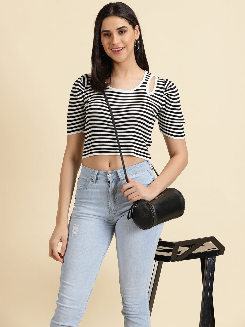 Women's White Striped Puff Sleeves Crop Top