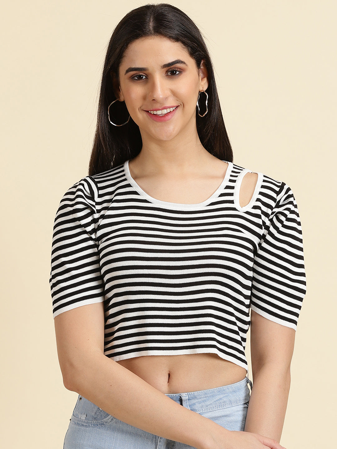 Women's White Striped Puff Sleeves Crop Top