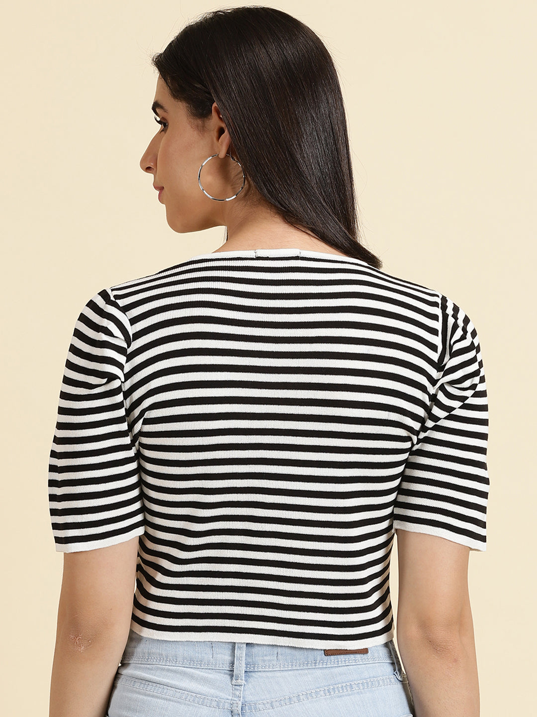 Women's White Striped Puff Sleeves Crop Top