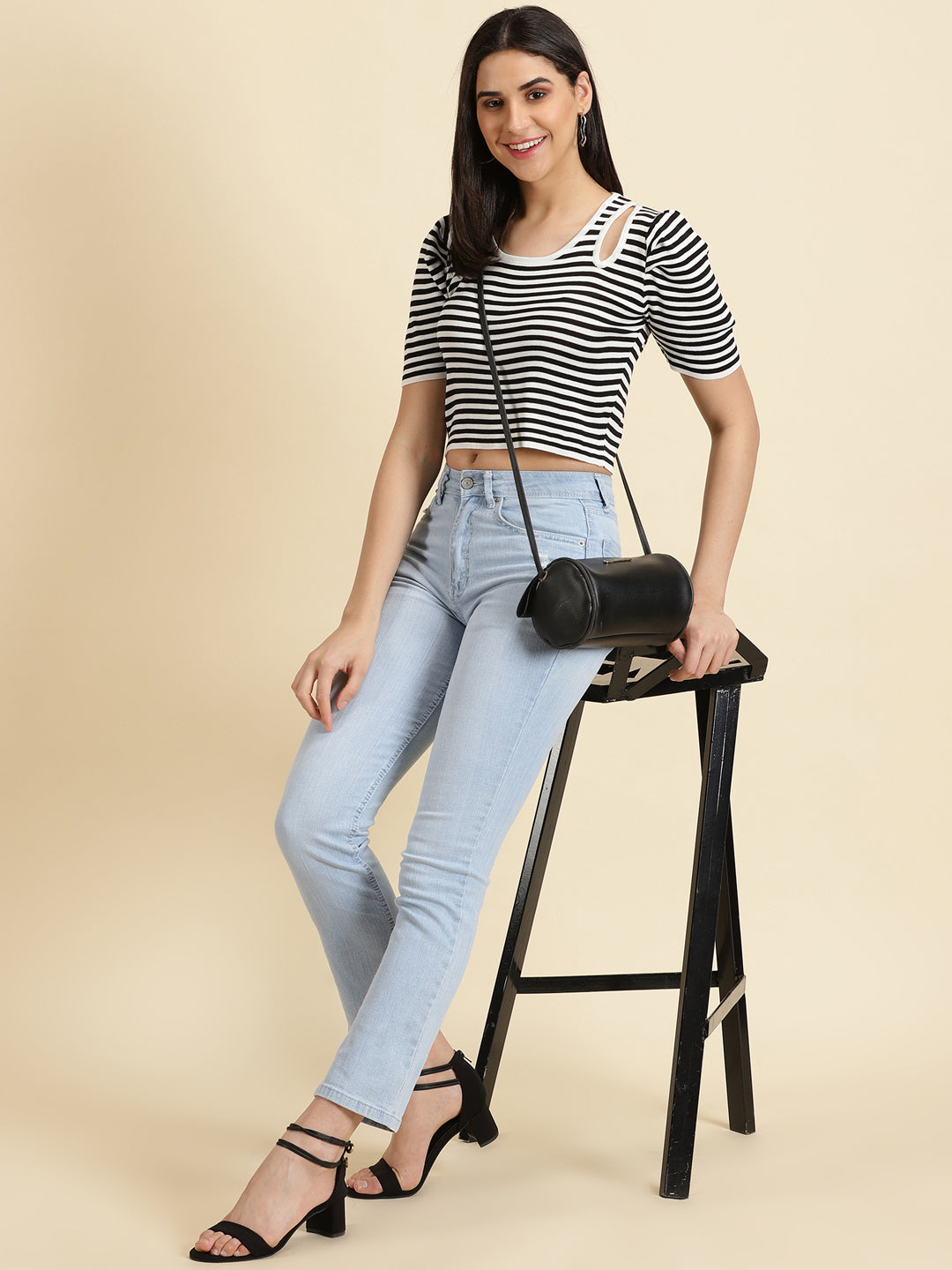 Women's White Striped Puff Sleeves Crop Top
