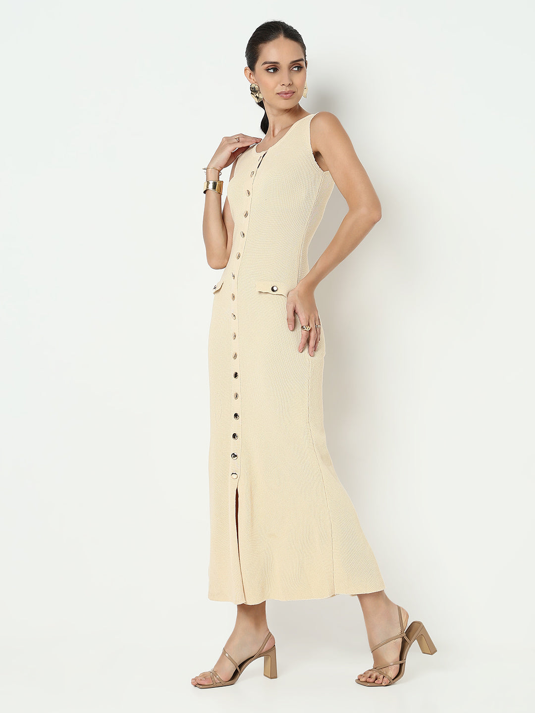 Women’s Beige Sleeveless Button-Down Maxi Dress with Front Slit