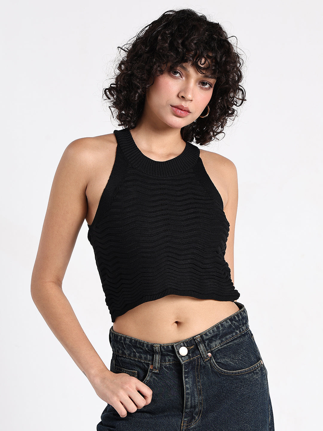 Women's Textured Black Ribbed Halter Crop Top