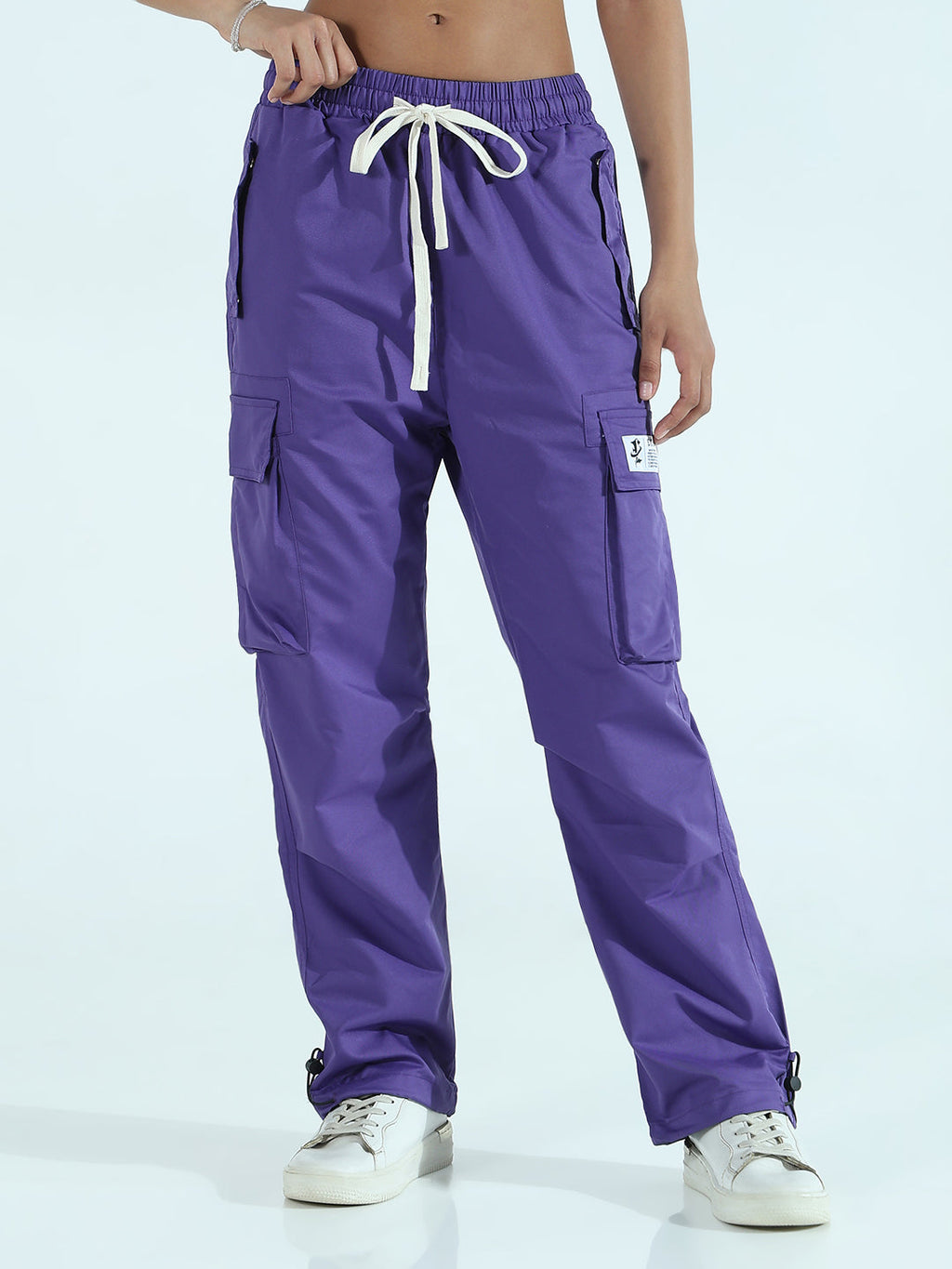 Women's Purple Solid Loose Fit Cargos Trouser