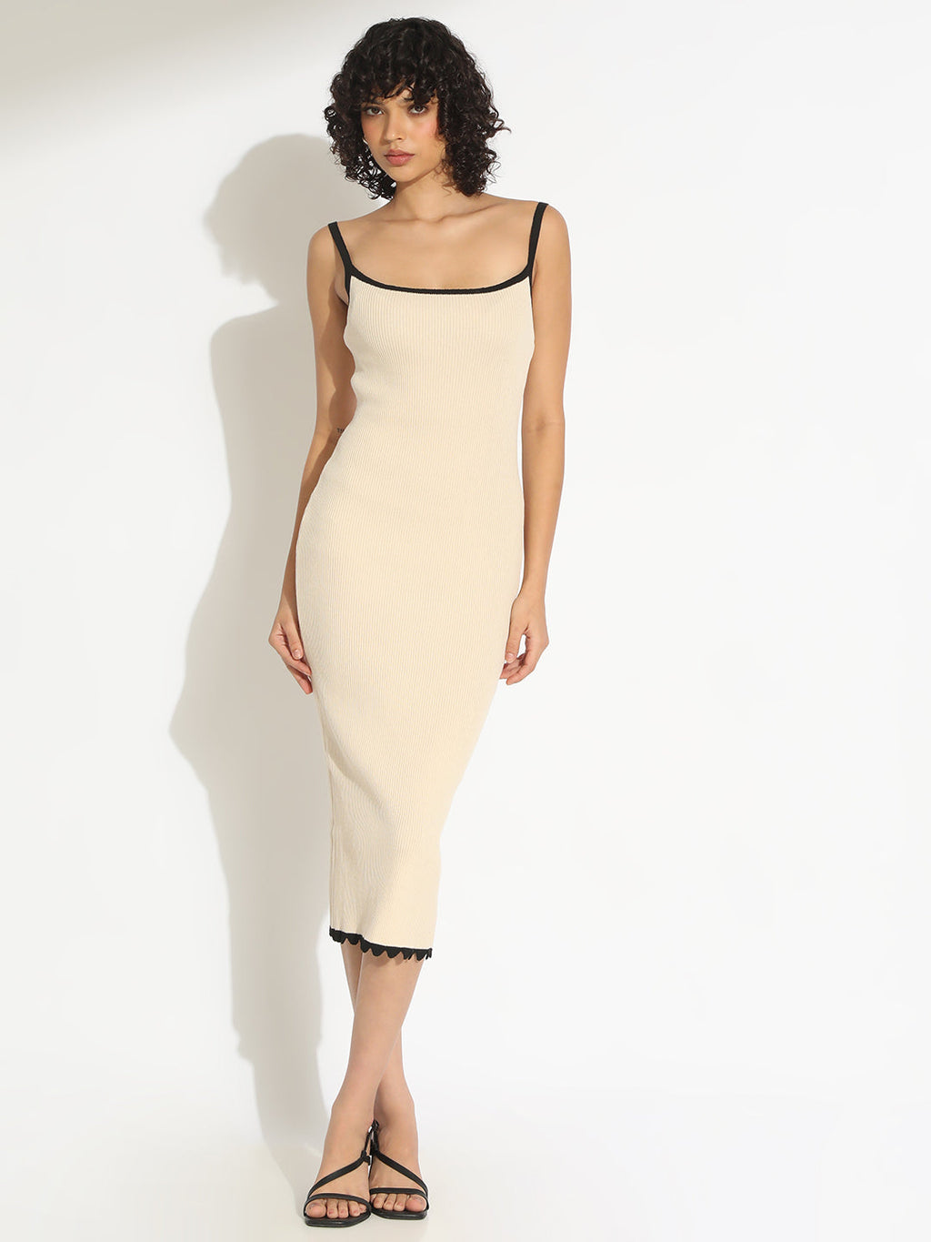 Women's Ribbed Cream Bodycon Sleeveless Dress with Trim Detail