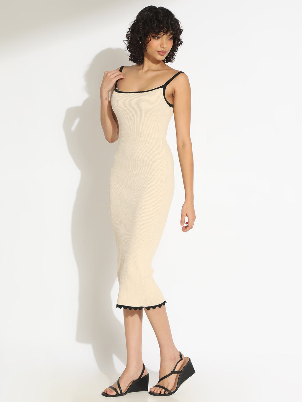 Women's Ribbed Cream Bodycon Sleeveless Dress with Trim Detail